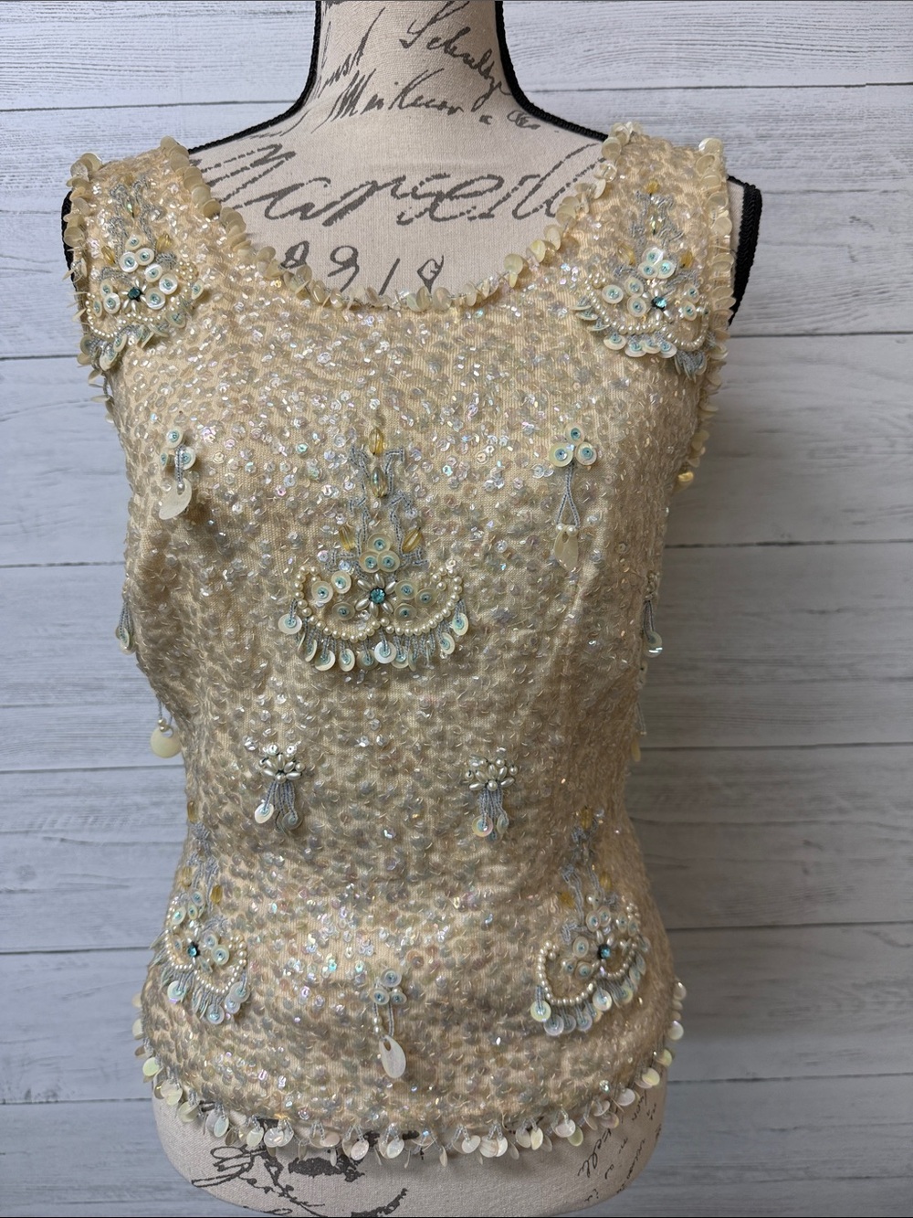 Vintage Young Modes by Claudia Young Beaded Sequin Ivory Sleeveless Tank Top